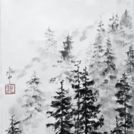 La montagne parle aux sapins, 2025 peinture à l'encre, sapins et montagnes